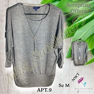 APT.9 NEW - Sz M - batwing silver shimmer 3/4 arm top - comes with necklace seen